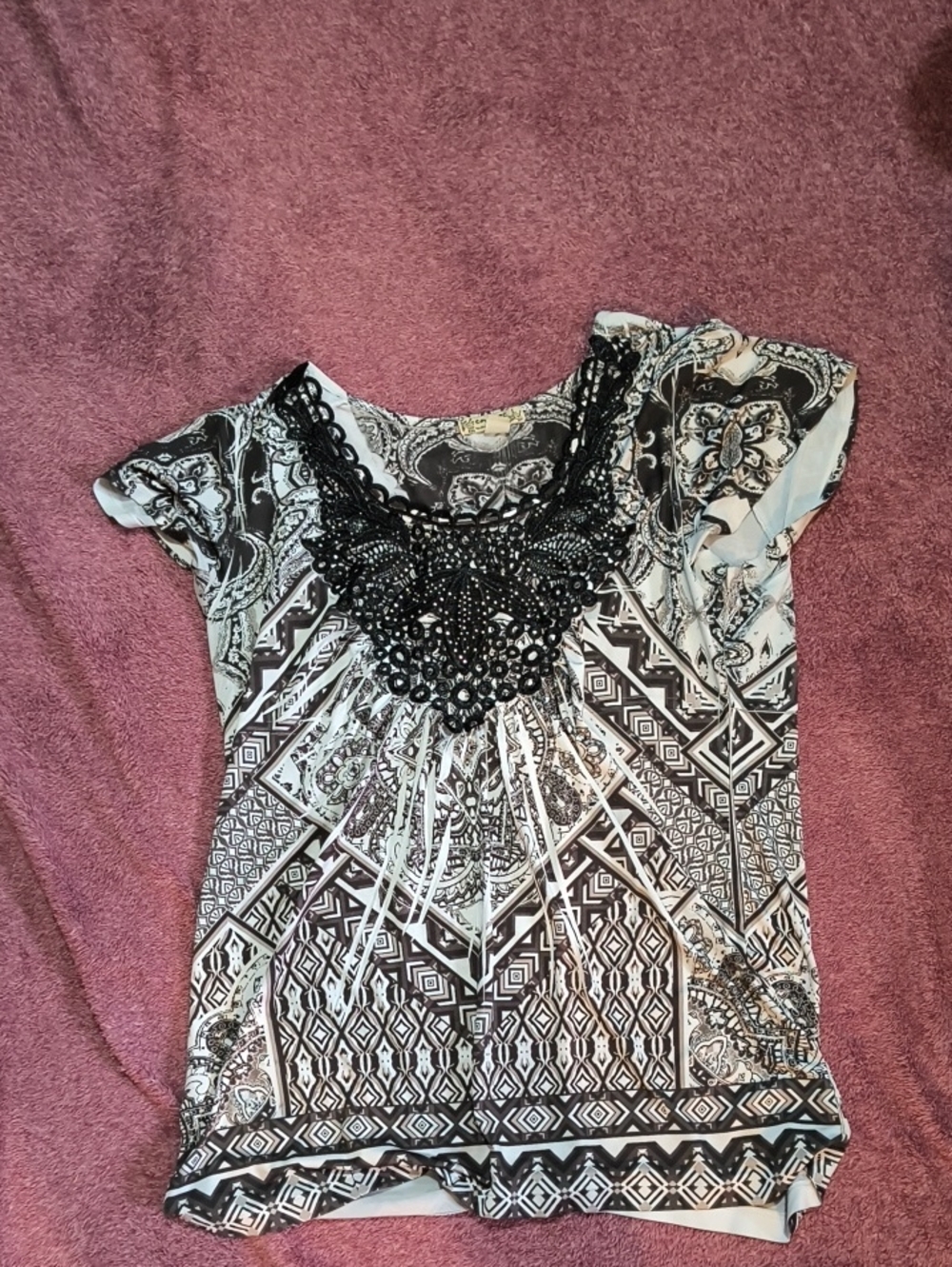 Energie Black and White Geometric Print Blouse with Beaded Yoke